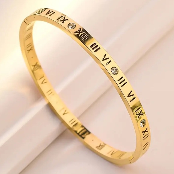 Luxurious High Quality 18K Real Gold Roman Numeral Bangle Bracelet - Picture 1 of 4